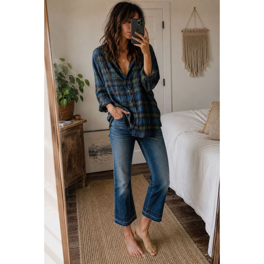 Free People Plaid Tunic XS High Low Distressed Grunge Boho Oversized Blue Green